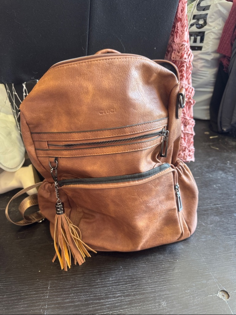 CLUCI Tan Faux Leather Backpack with Tassel Accent